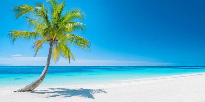 Banner of idyllic tropical beach with white sand, palm tree and turquoise blue ocean