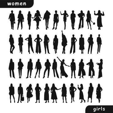 Sketchy image of female silhouettes. Woman, female, maiden, lass, lady, girl. Business women, fashionista, teacher, audience, students, girlfriends
