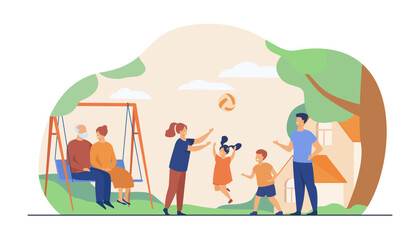 Senior couple watching family play vector illustration. Children and grandchildren having fun and playing with ball while grandparents hugging on swing. Summer, family, senior lifestyle concept
