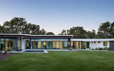 Modern minimalist house exterior display with green grass in the foreground