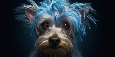 Naklejka premium Dog with a blue shaggy hairstyle, concept of Fashionable pet grooming, created with Generative AI technology