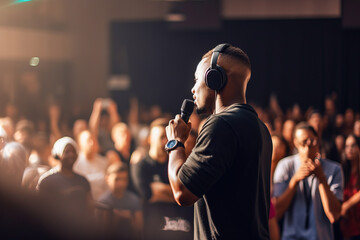 Motivational speaker with microphone performing on stage, in background people sitting in hal.  
 - obrazy, fototapety, plakaty