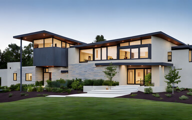 Modern minimalist house exterior display with green grass in the foreground