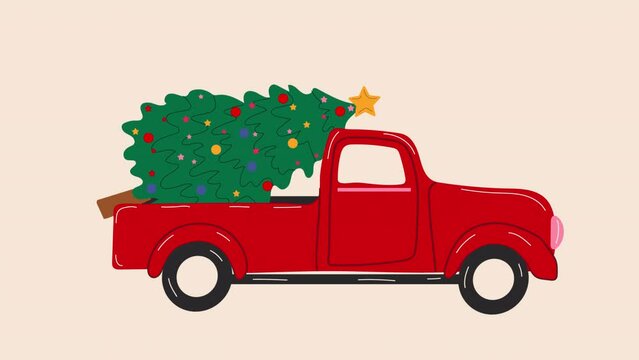 Merry Christmas and Happy New Year Postcard or Poster or Flyer template with pickup truck with christmas tree. Vintage styled. Video flat cartoon animation design element. 4K video footage, alpha chan