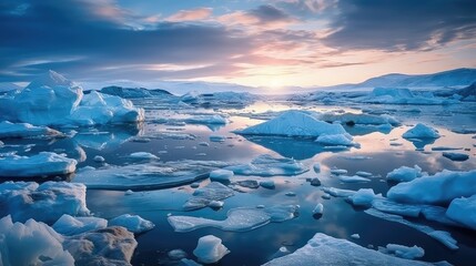 Sunset over the arctic landscape with frozen glaciers - obrazy, fototapety, plakaty