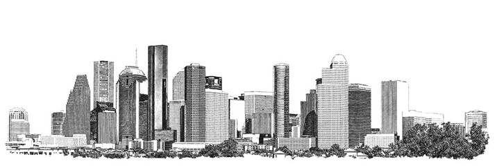 Houston skyline, Texas, USA, ink sketch illustration, white background.