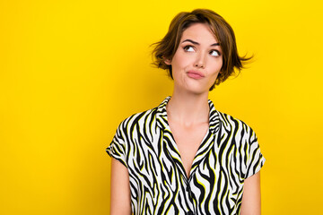 Photo of gorgeous minded girl with bob hairdo dressed zebra print shirt thoughtfully look empty...