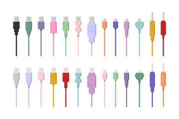 Cables of different types and colors vector illustrations set. Collection of cartoon drawings of wires for equipment, electronic devices, appliances, charging cables. Technology, connection concept