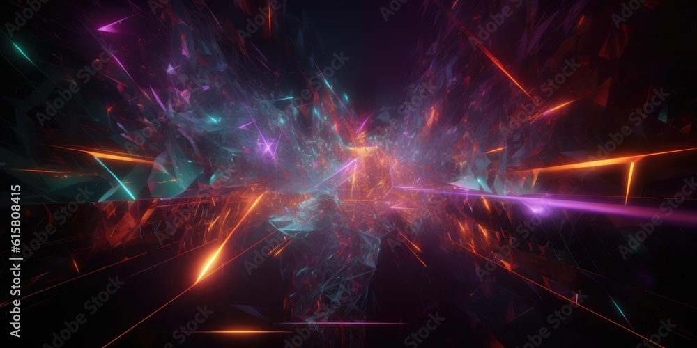Poster cosmic background with colorful laser lights and broken fractal elements. generative ai aig21.