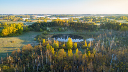 Aerial photo of a beautiful lake in the morning