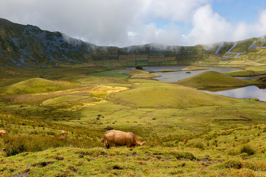Caldeira landscape in Corvo island (Azores). Panoramic view of the crater lake