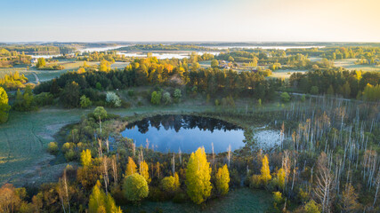 Aerial photo of a beautiful lake in the morning