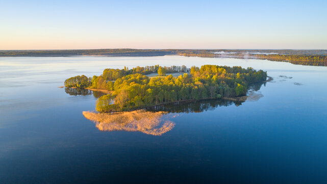 Aerial view of beautiful lake in the morning