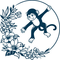 Abstract Hanging Monkey Tattoo Silhouette with Floral Accent