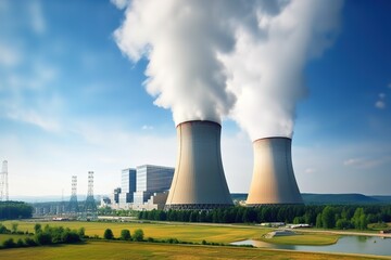 Nuclear power plant with cooling towers with water vapor