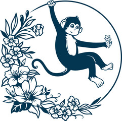 Abstract Hanging Monkey Tattoo Silhouette with Floral Accent