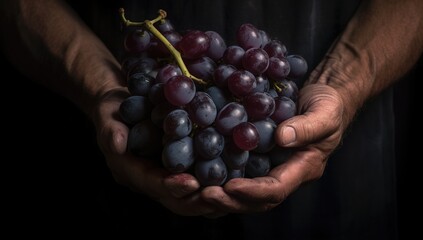 Close up shot of hands holding purple grapes - obrazy, fototapety, plakaty