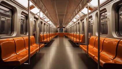 Empty subway wagon with orange seats - obrazy, fototapety, plakaty