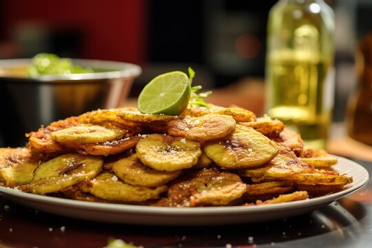 Close up shot of patacones or fried green bananas. Traditional Latin American snack