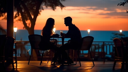 Fototapeta na wymiar romantic couple sit in reastaurant at summer night on sunset beach, cafe ,on horizon city ,sea in restaurant ,generated ai