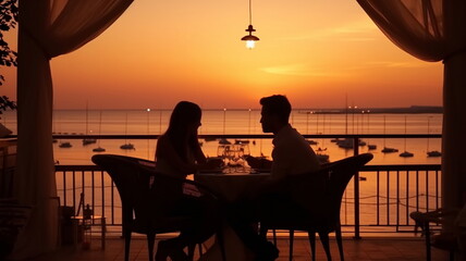 Fototapeta premium romantic couple sit in reastaurant at summer night on sunset beach, cafe ,on horizon city ,sea in restaurant ,generated ai