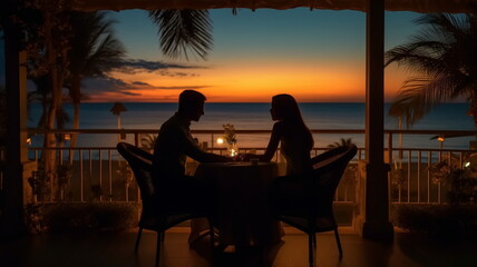 Obraz premium romantic couple sit in reastaurant at summer night on sunset beach, cafe ,on horizon city ,sea in restaurant ,generated ai