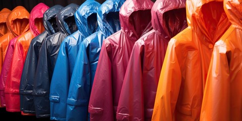Colorful line of rain jackets, concept of Water resistance, created with Generative AI technology