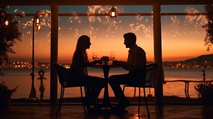 Fototapeta na wymiar romantic couple sit in reastaurant at summer night on sunset beach, cafe ,on horizon city ,sea in restaurant ,generated ai