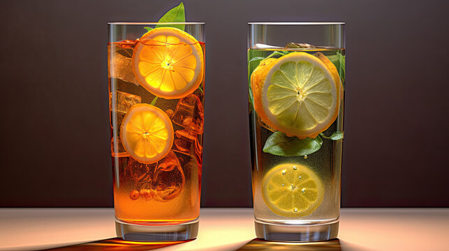 two glasses filled with different types of lemons and orange slices on a table next to the glass is half full