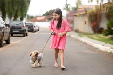 child girl walking her dog, pet, shih tzu, walking, stroll, companion, friendshi