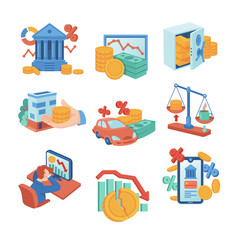 Business, economy or bank elements vector illustrations set. Collection of drawings of gold coins, banknotes, falling profit, price increase, upset businessman. Inflation, banking, economy concept