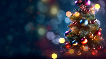 Fototapeta na wymiar Christmas tree with colorful ornaments on bokeh background.Christmas and New Year concept.