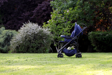 Empty baby carriage on the green grass in a park.