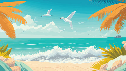 Vector Background of Serene Coastal Scene with Rolling Waves, Palm Trees, and Seashells