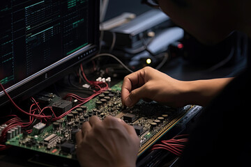 a person working on a laptop with wires attached to the motherboard and sockets connected to the cpu board