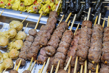 Many meat skewers kebab in vietnamese night market in food festival