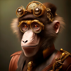Retrato de un mono al estilo steampunk sobre un fondo grunge. Vista de frente y de cerca. IA generativa
