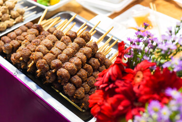 Many meat skewers kebab in vietnamese night market in food festival