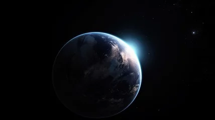Gardinen Space planet earth with energy waves around and light peeking out. Universe science astronomy space dark background wallpaper © NK Project