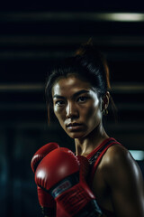 Southeast Asian female boxer posing looking at camera. Generative AI