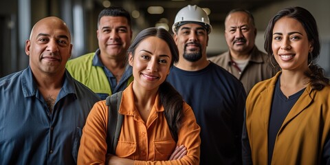 Latin coworkers of construction industry smile at camera.Generative AI
