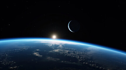 Naklejka premium Space planet earth surface shot with a half-lit planet in the background. Universe science astronomy space dark background wallpaper