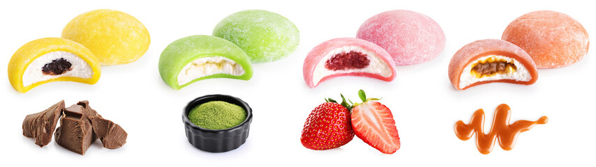 Four flavors of mochi ice cream isolated on a white background. Chocolate, caramel, matcha tea and...
