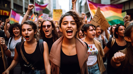 A group of diverse activists marching in a busy city street, carrying colorful banners and shouting slogans promoting gender equality, racial justice, and LGBTQ+ rights.