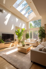 Modern living room with the sun shines through the window. Generative AI