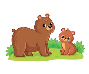 Bear and a cub are sitting on the grass. Vector illustration with cute forest animals in cartoon style.