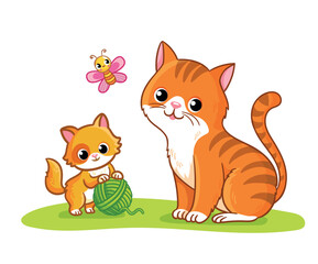 Cat with a kitten is playing on a green meadow. Vector illustration with pets. - 615813437