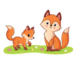 Fox with a cub is playing in a green meadow. Vector illustration with forest animals. - 615813496