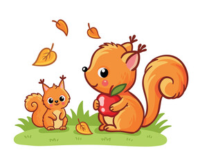 Squirrel with a squirrel is sitting in a clearing and holding an apple in its paws. Vector illustration with forest animal.