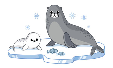 Fur seal with a cub are sitting on an ice floe with caught fish. Vector illustration with sea animals.